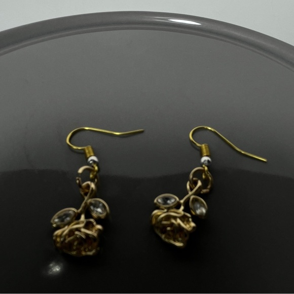 Nickel-Free Handmade Mini Rose Drop Earrings – Gold with Crystal Leaves NEW - Picture 4 of 7